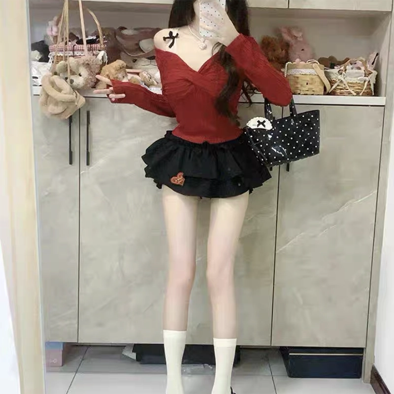 玉儿恋 绝美设计感假两件长袖内搭时尚针织衫 女款 经典黑色
