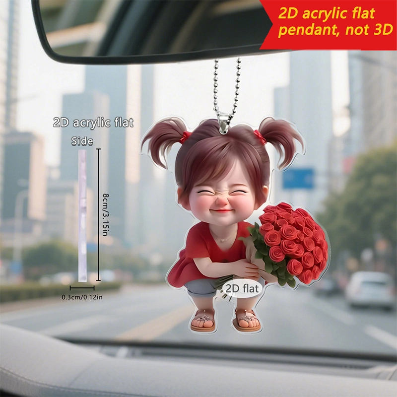 【笑眼弯弯，干净温暖】 千桐 治愈爱笑女孩可爱手捧玫瑰时尚汽车内饰潮流装饰挂饰 亚克力 挂件 男女同款情侣款