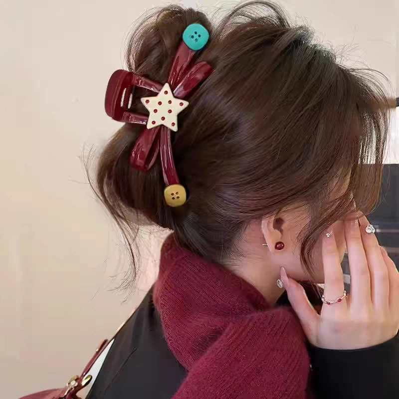 千桐 大号高级纽扣星星温柔气质波浪甜美少女发量大鲨鱼夹 亚克力 发夹 女款
