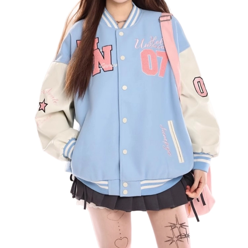 轻迎  潮牌拼接撞色字母刺绣美式宽松夹克棒球服 男款