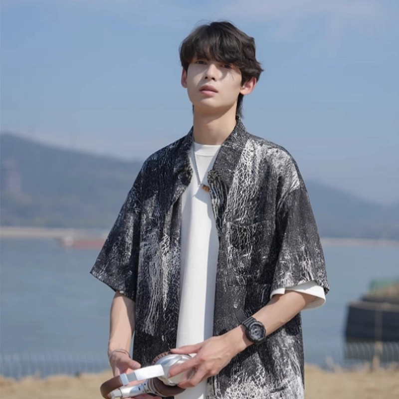 轻迎 迈特优冰丝短袖花男夏季薄款宽松休闲痞帅高级感衬衣外套衬衫 男款