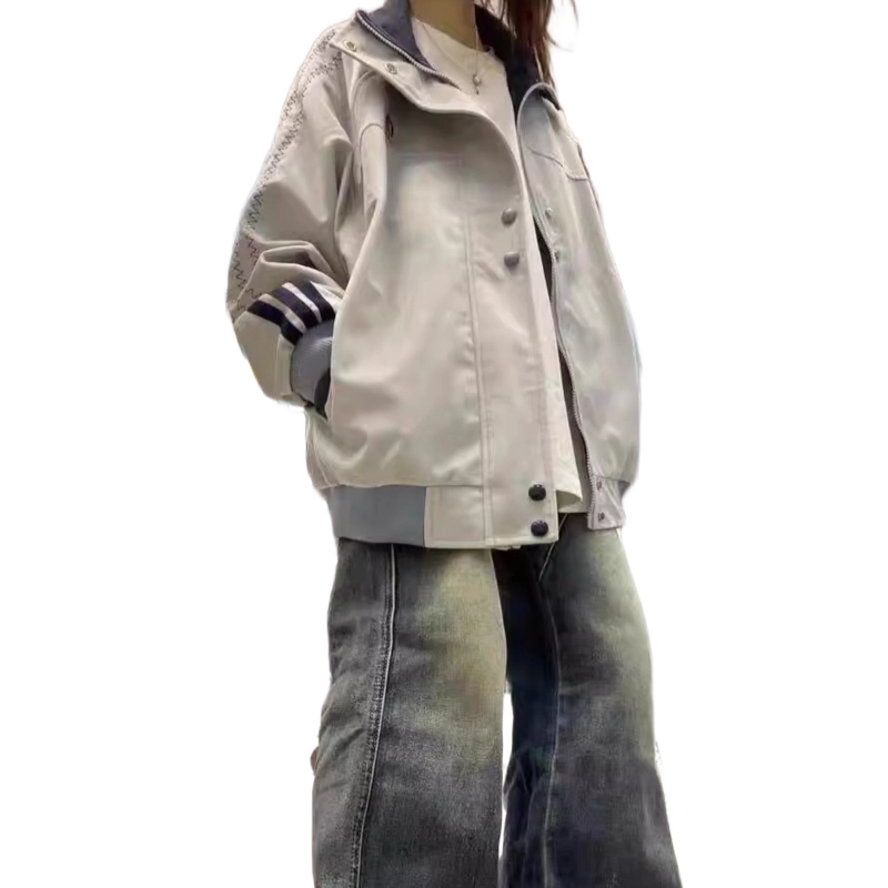 轻迎  美式韩系复古条纹休闲宽松学生夹克外套潮棒球服 男女同款