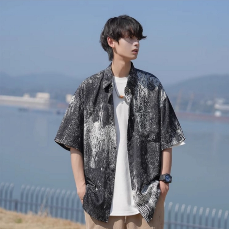轻迎 迈特优冰丝短袖花男夏季薄款宽松休闲痞帅高级感衬衣外套衬衫 男款