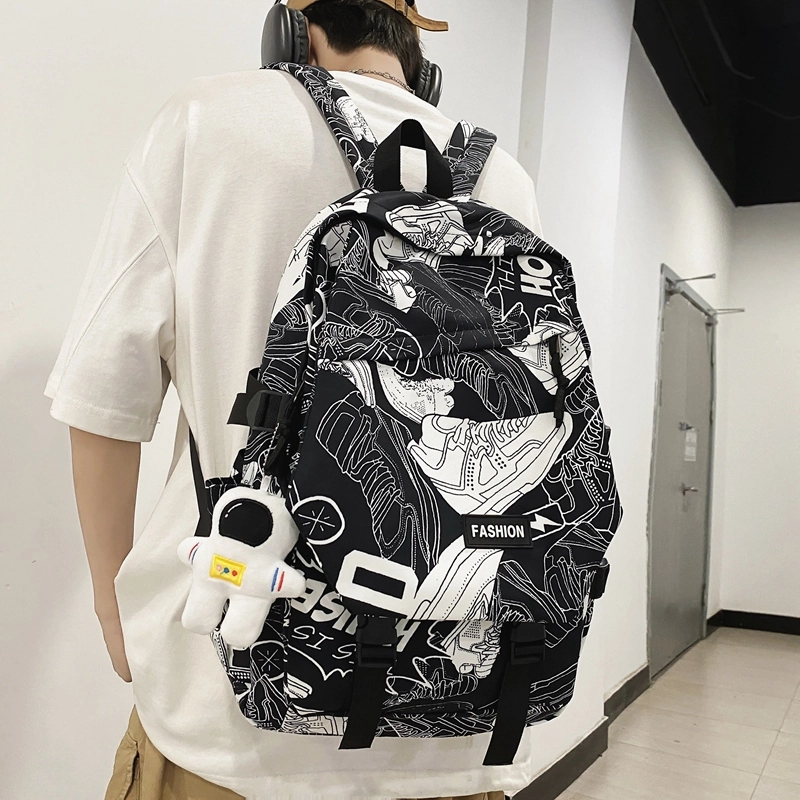 普乐威 书包初中生大学生时尚潮流休闲百搭高中生中学生 尼龙 双肩包 常规 男女同款情侣款 白鞋子/黑涂鸦/白蓝色/白红色