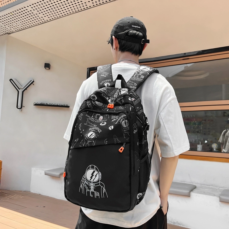 普乐威 时尚潮流印花电脑包大容量休闲百搭通勤旅行背包初高中学生书包 尼龙 双肩包 男女同款情侣款 白色/黑色/卡其色