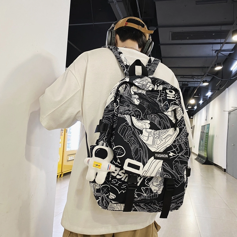 普乐威 书包初中生大学生时尚潮流休闲百搭高中生中学生 尼龙 双肩包 常规 男女同款情侣款 白鞋子/黑涂鸦/白蓝色/白红色