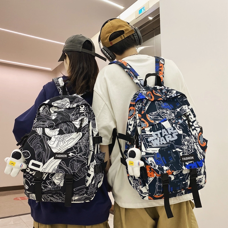 普乐威 书包初中生大学生时尚潮流休闲百搭高中生中学生 尼龙 双肩包 常规 男女同款情侣款 白鞋子/黑涂鸦/白蓝色/白红色