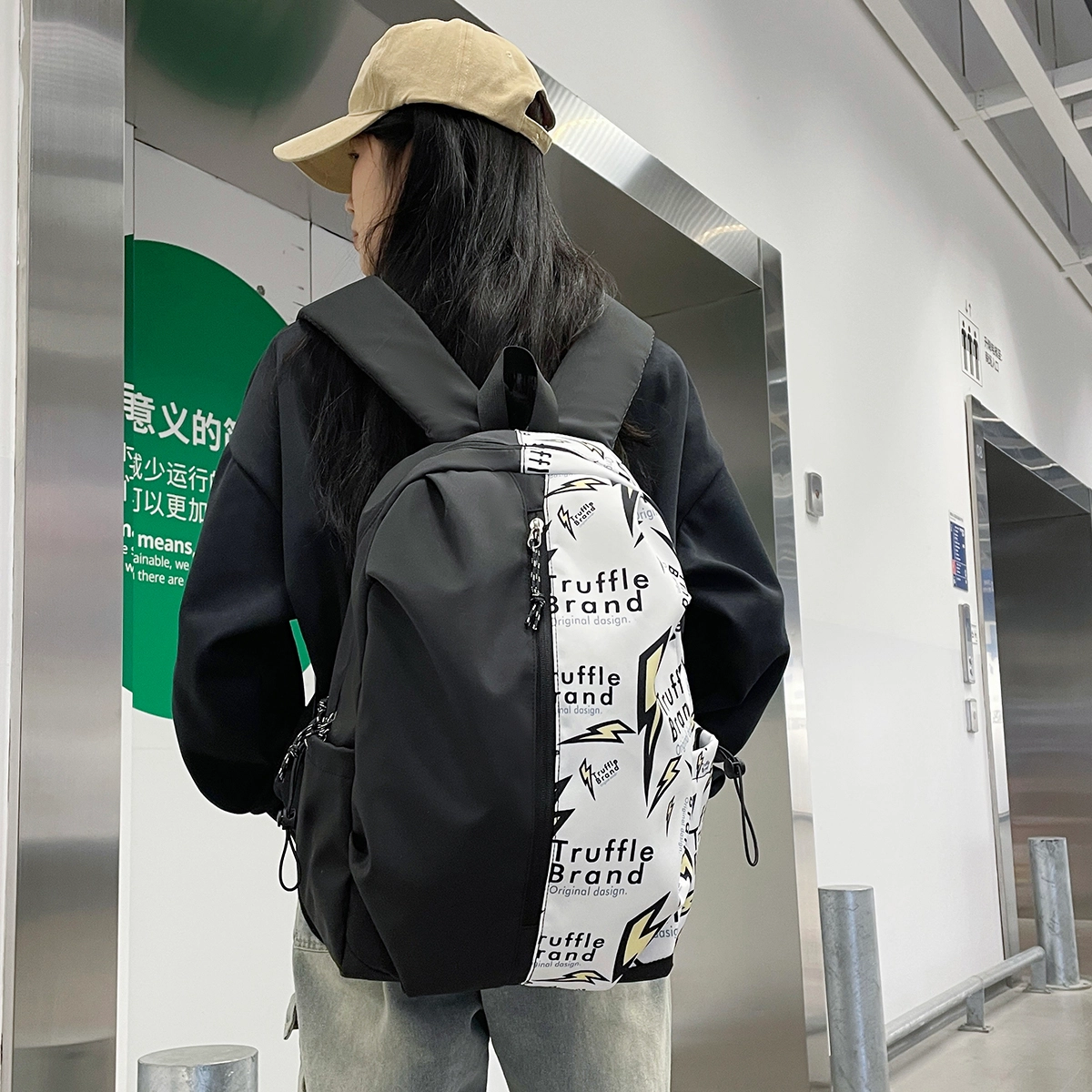 普乐威 美式高街涂鸦时尚百搭潮流 尼龙 双肩包 男女同款情侣款 白色/灰色/黑色