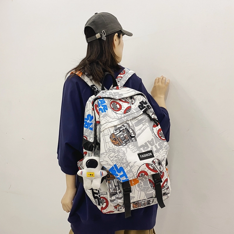 普乐威 书包初中生大学生时尚潮流休闲百搭高中生中学生 尼龙 双肩包 常规 男女同款情侣款 白鞋子/黑涂鸦/白蓝色/白红色
