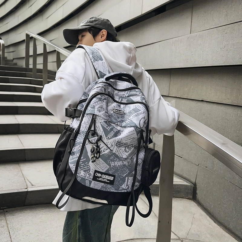 普乐威 潮酷高颜值 尼龙 双肩包 男女同款情侣款 几何/动漫/报纸/涂鸦/白色/黑色