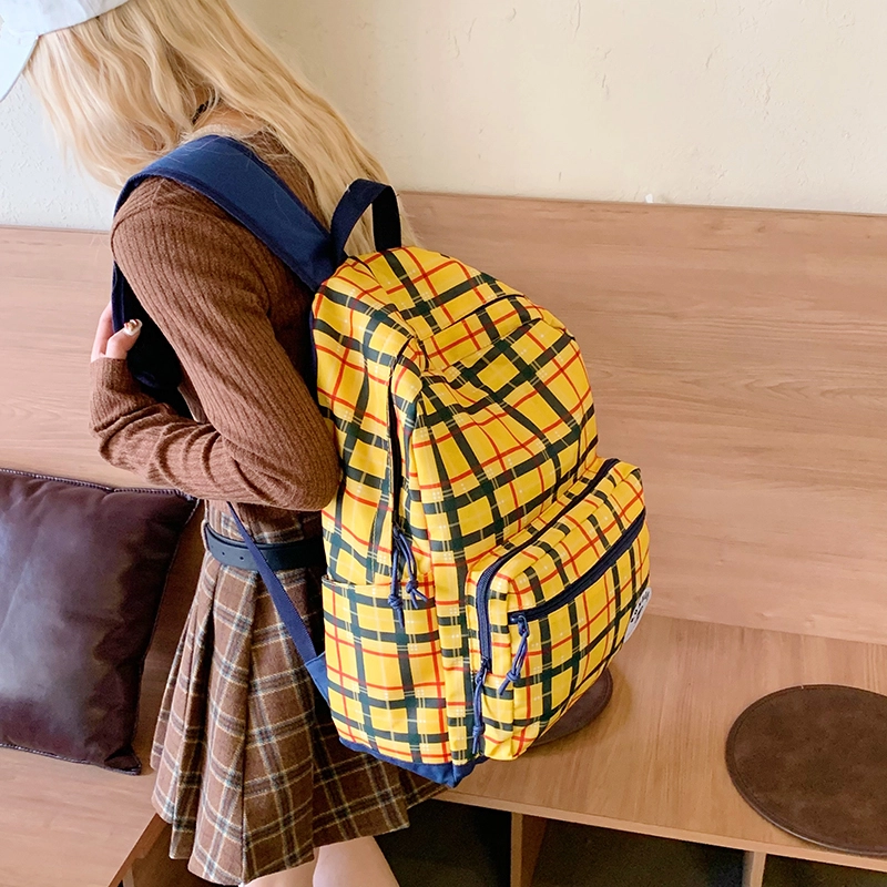 普乐威 美式复古小众撞色格子设计初高中大学上课通勤百搭潮流旅游 尼龙布 双肩包 大号 男女同款情侣款 黄色