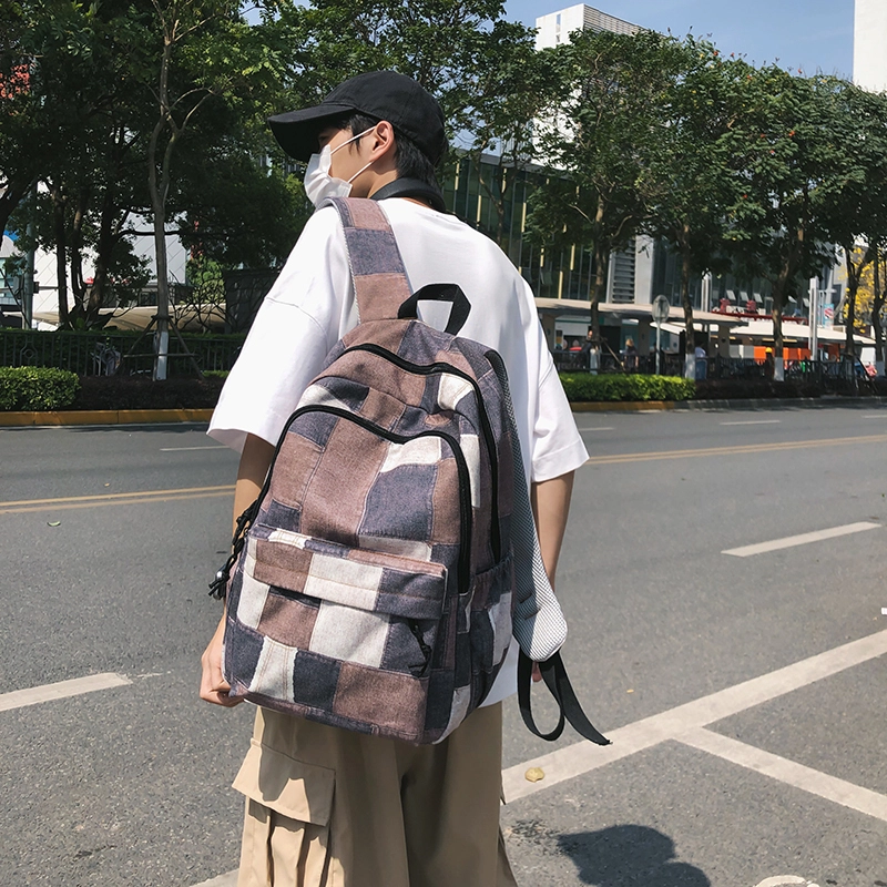 普乐威 小众设计格子撞色百搭轻便 尼龙 双肩包 男女同款情侣款 黑色/卡其色/蓝色