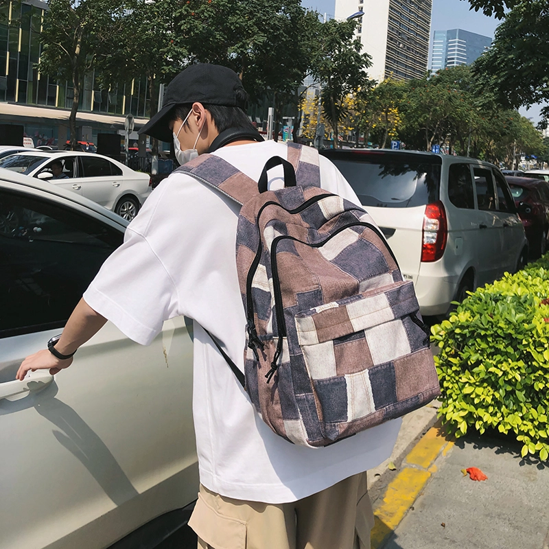 普乐威 小众设计格子撞色百搭轻便 尼龙 双肩包 男女同款情侣款 黑色/卡其色/蓝色