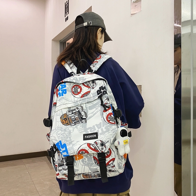 普乐威 书包初中生大学生时尚潮流休闲百搭高中生中学生 尼龙 双肩包 常规 男女同款情侣款 白鞋子/黑涂鸦/白蓝色/白红色