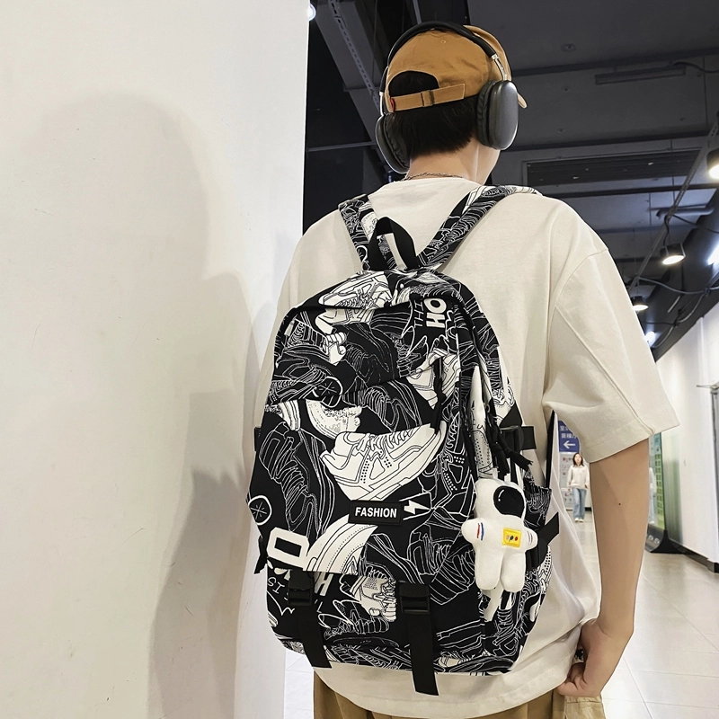 普乐威 书包初中生大学生时尚潮流休闲百搭高中生中学生 尼龙 双肩包 常规 男女同款情侣款 白鞋子/黑涂鸦/白蓝色/白红色
