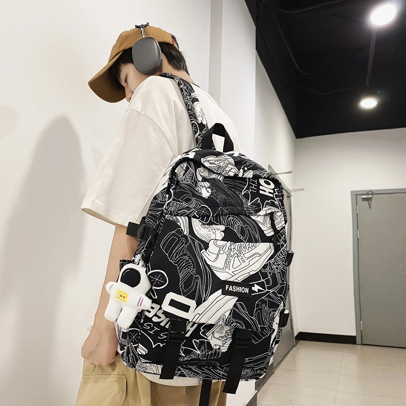 普乐威 书包初中生大学生时尚潮流休闲百搭高中生中学生 尼龙 双肩包 常规 男女同款情侣款 白鞋子/黑涂鸦/白蓝色/白红色