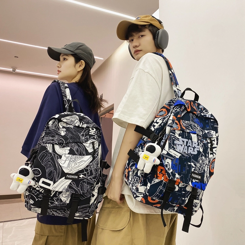 普乐威 书包初中生大学生时尚潮流休闲百搭高中生中学生 尼龙 双肩包 常规 男女同款情侣款 白鞋子/黑涂鸦/白蓝色/白红色