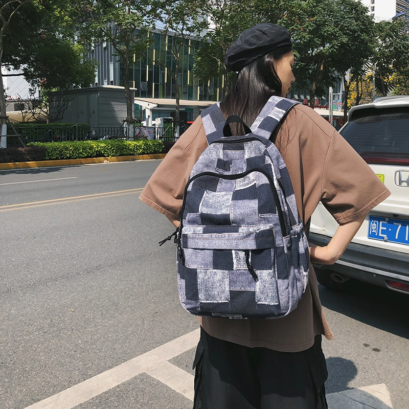 普乐威 小众设计格子撞色百搭轻便 尼龙 双肩包 男女同款情侣款 黑色/卡其色/蓝色