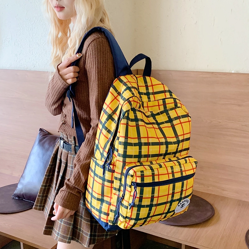 普乐威 美式复古小众撞色格子设计初高中大学上课通勤百搭潮流旅游 尼龙布 双肩包 大号 男女同款情侣款 黄色