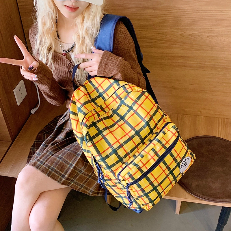 普乐威 美式复古小众撞色格子设计初高中大学上课通勤百搭潮流旅游 尼龙布 双肩包 大号 男女同款情侣款 黄色