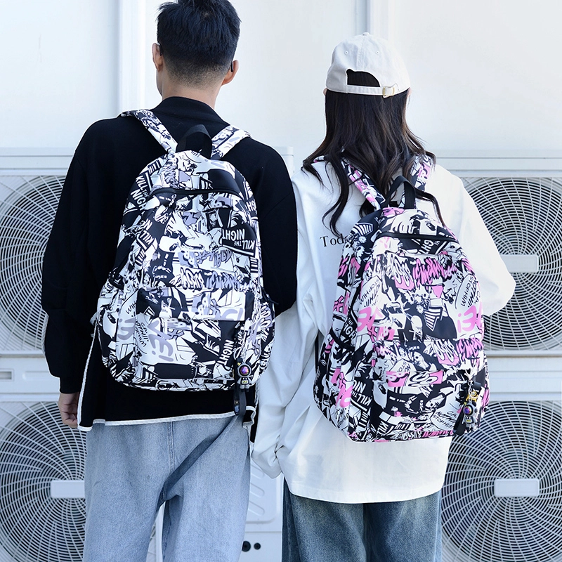 普乐威 时尚个性涂鸦初中大学生高颜值潮牌休闲百搭背包大容量高中 尼龙 双肩包 常规 男女同款情侣款 灰色/绿色/粉色/蓝色
