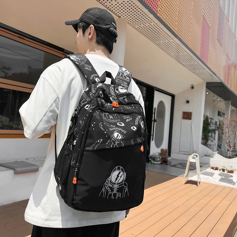 普乐威 时尚潮流印花电脑包大容量休闲百搭通勤旅行背包初高中学生书包 尼龙 双肩包 男女同款情侣款 白色/黑色/卡其色