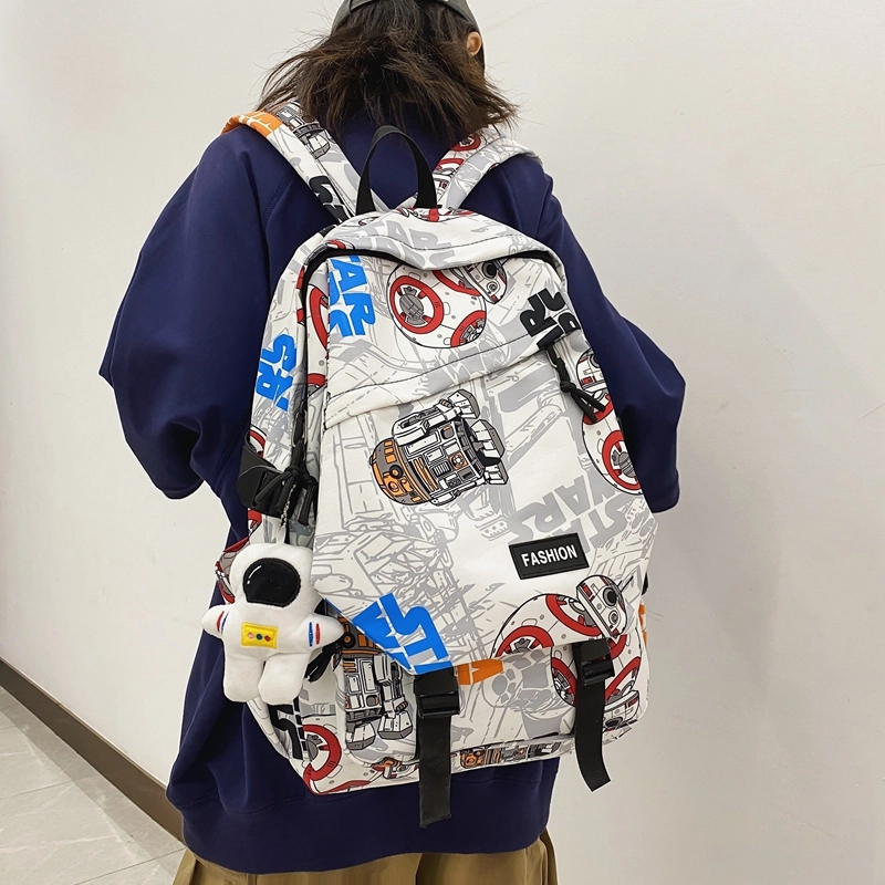 普乐威 书包初中生大学生时尚潮流休闲百搭高中生中学生 尼龙 双肩包 常规 男女同款情侣款 白鞋子/黑涂鸦/白蓝色/白红色