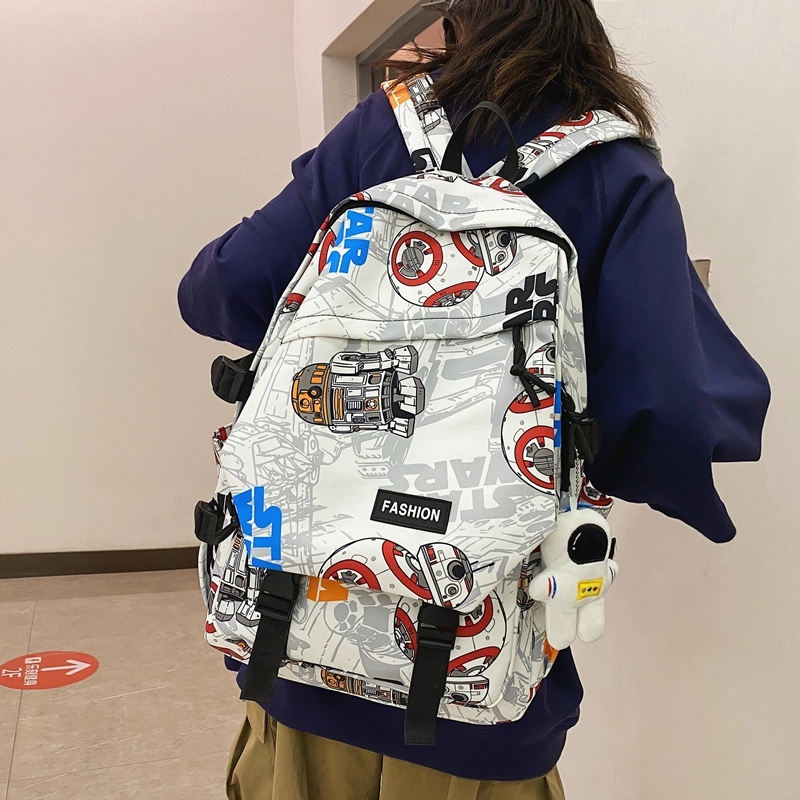 普乐威 书包初中生大学生时尚潮流休闲百搭高中生中学生 尼龙 双肩包 常规 男女同款情侣款 白鞋子/黑涂鸦/白蓝色/白红色