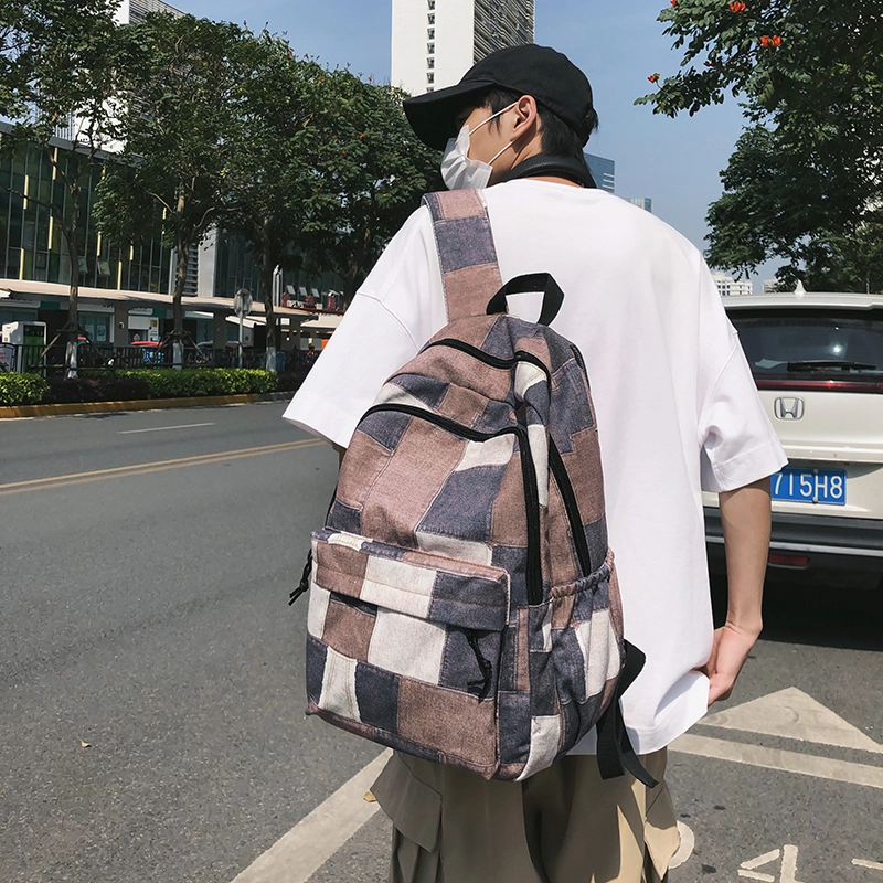 普乐威 小众设计格子撞色百搭轻便 尼龙 双肩包 男女同款情侣款 黑色/卡其色/蓝色