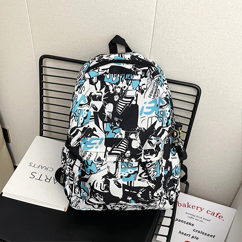 普乐威 时尚个性涂鸦初中大学生高颜值潮牌休闲百搭背包大容量高中 尼龙 双肩包 常规 男女同款情侣款 灰色/绿色/粉色/蓝色