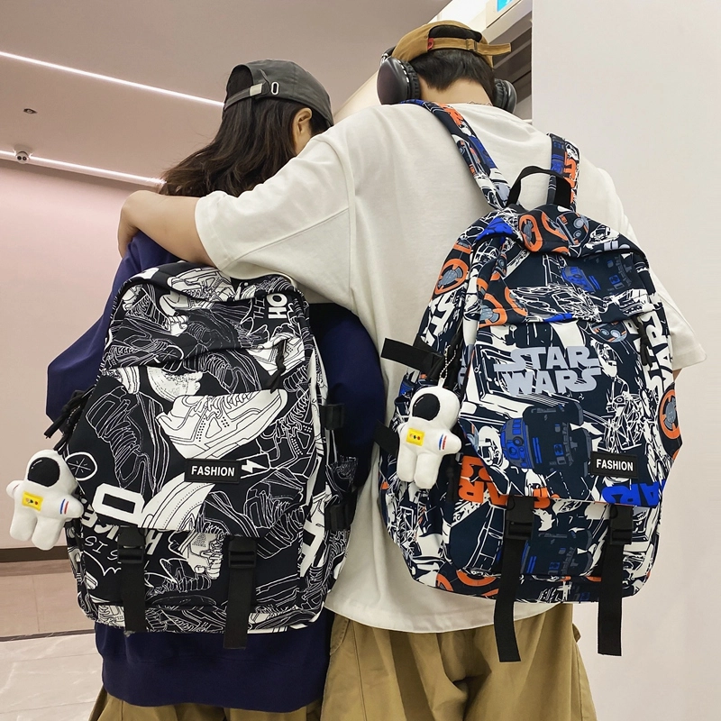 普乐威 书包初中生大学生时尚潮流休闲百搭高中生中学生 尼龙 双肩包 常规 男女同款情侣款 白鞋子/黑涂鸦/白蓝色/白红色