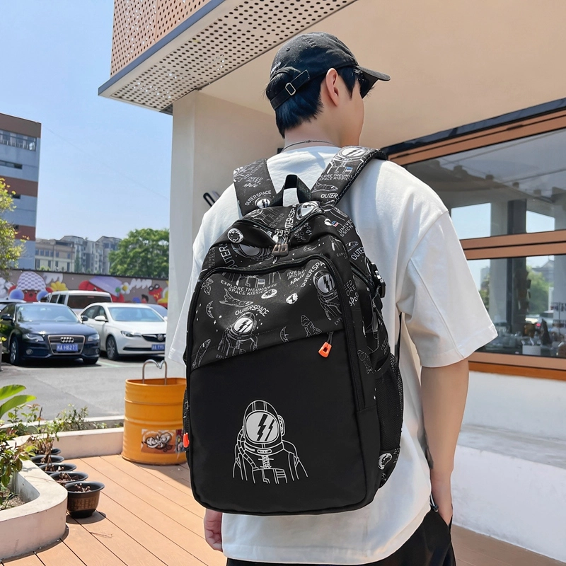 普乐威 时尚潮流印花电脑包大容量休闲百搭通勤旅行背包初高中学生书包 尼龙 双肩包 男女同款情侣款 白色/黑色/卡其色