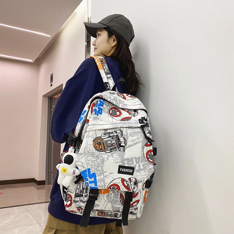 普乐威 书包初中生大学生时尚潮流休闲百搭高中生中学生 尼龙 双肩包 常规 男女同款情侣款 白鞋子/黑涂鸦/白蓝色/白红色