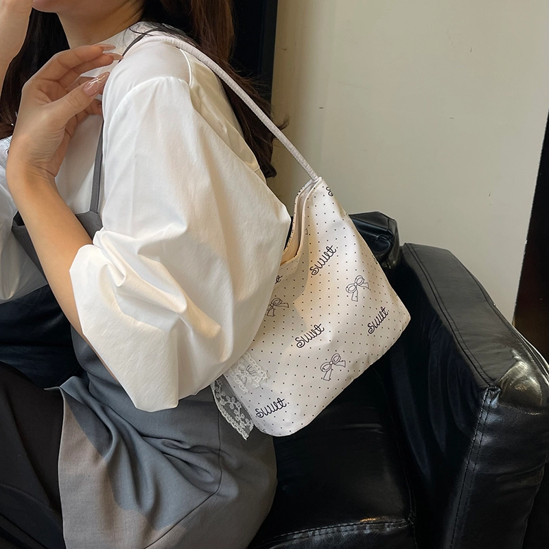 科物酷 小众蝴蝶结波点小巧外出森系逛街旅行休闲百搭洋气甜美少女腋下包 尼龙 单肩包 男女同款情侣款 白色/粉色