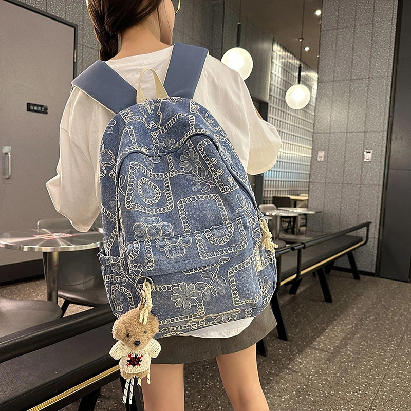 科物酷 复古百搭上课撞色拼块大容量 牛仔 双肩包 男女同款情侣款 多色