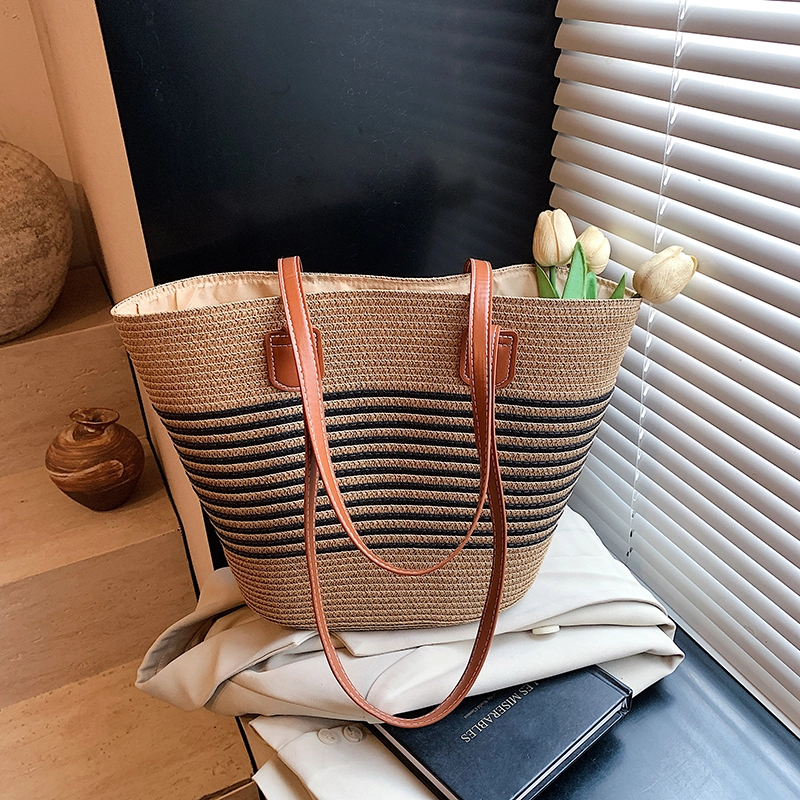 科物酷 法式编织草包夏季大容量海边沙滩水桶时尚托特包 草编 单肩包 男女同款情侣款 多色