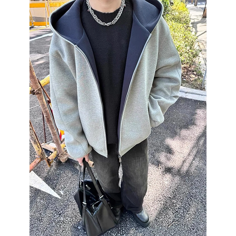 微牛 内外撞色美式高街高级感开衫外套双拉链宽松春秋季小众设计感休闲百搭潮牌简约廓形长袖重磅连帽卫衣 男女同款
