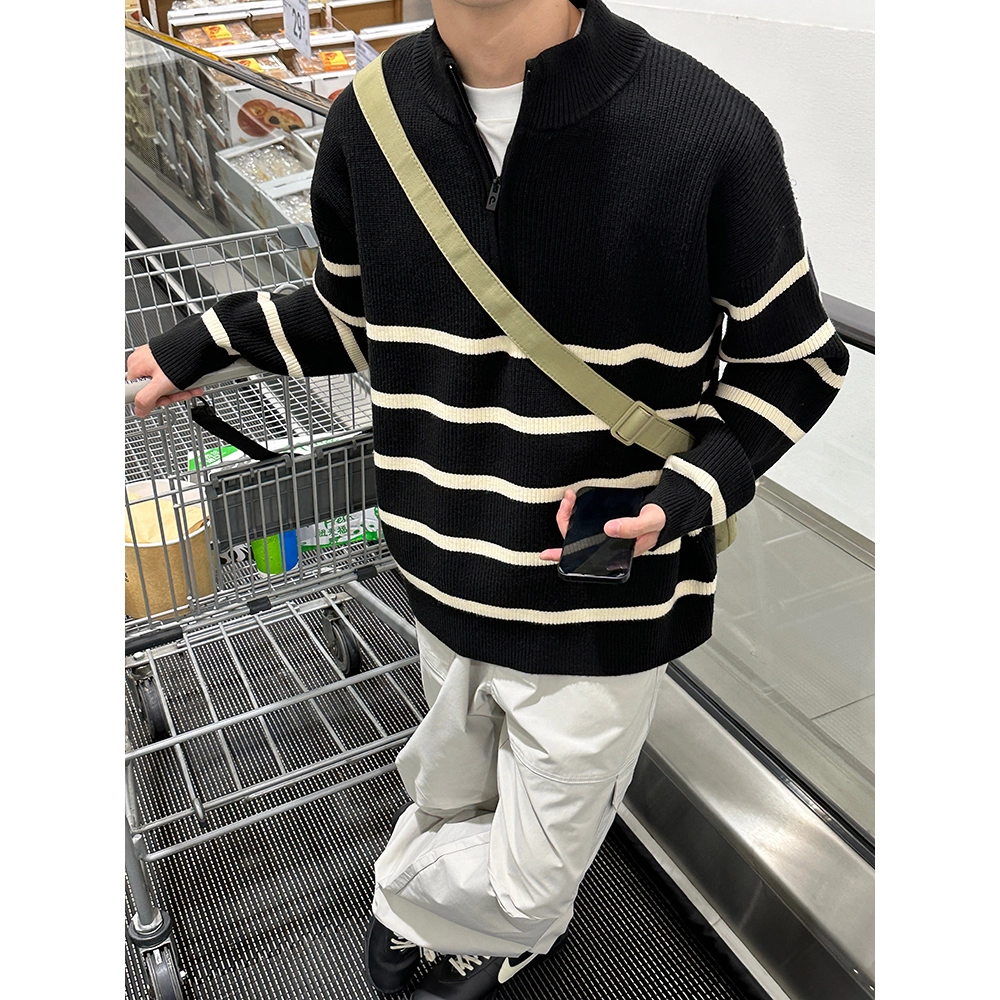 微牛 老钱风美式复古条纹拼接设计半高领半拉链软糯舒适慵懒感毛线衣日常休闲叠穿时尚百搭套头长袖针织衫 男女同款