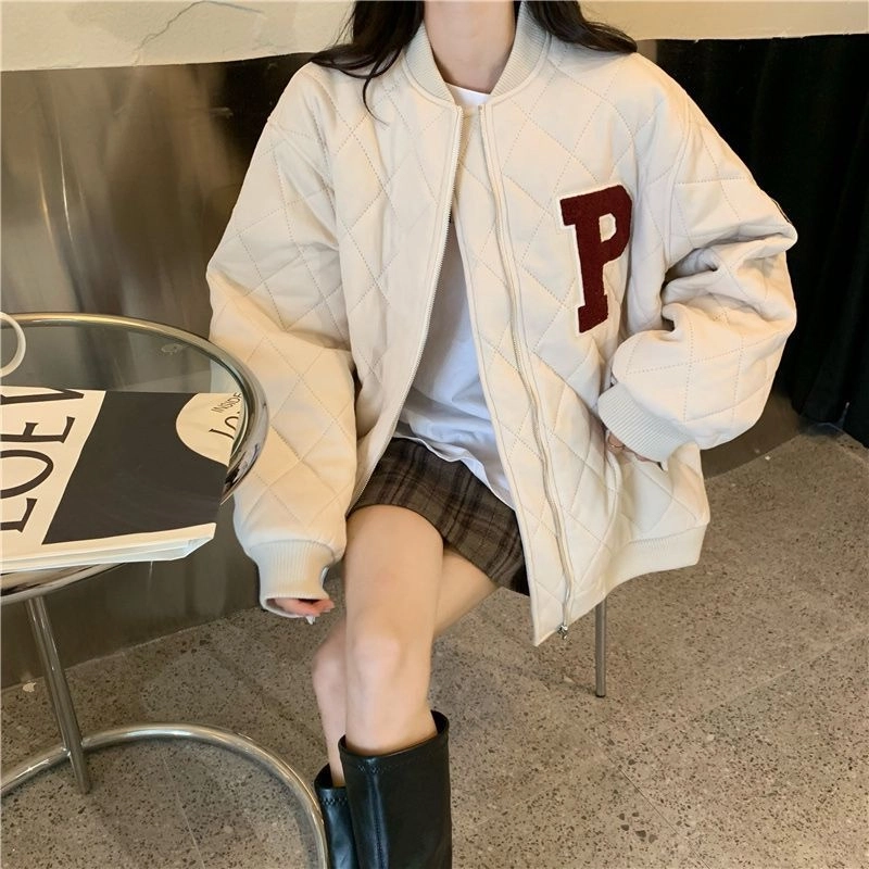 俞兆林 学院风夹克棒球服复古菱格字母港风外套百搭棉服 女款