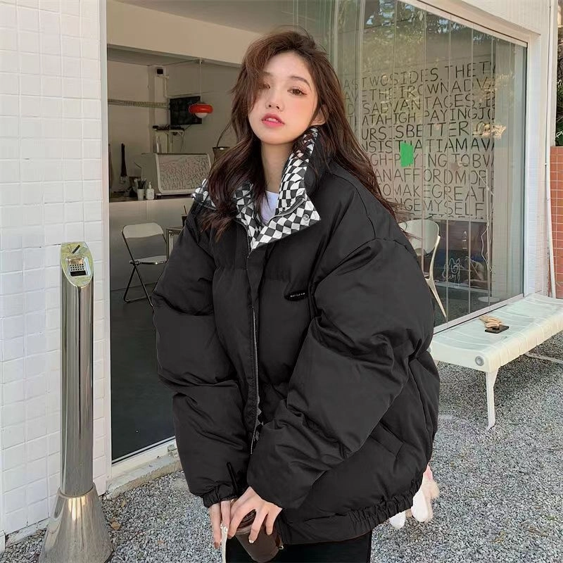 俞兆林 韩版宽松立领短款面包服外套潮流时尚棋盘格内衬棉服 女款