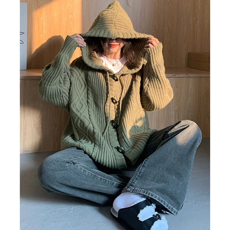 俞兆林 连帽麻花外套宽松垂坠感慵懒风中长款开衫上衣针织衫 女款