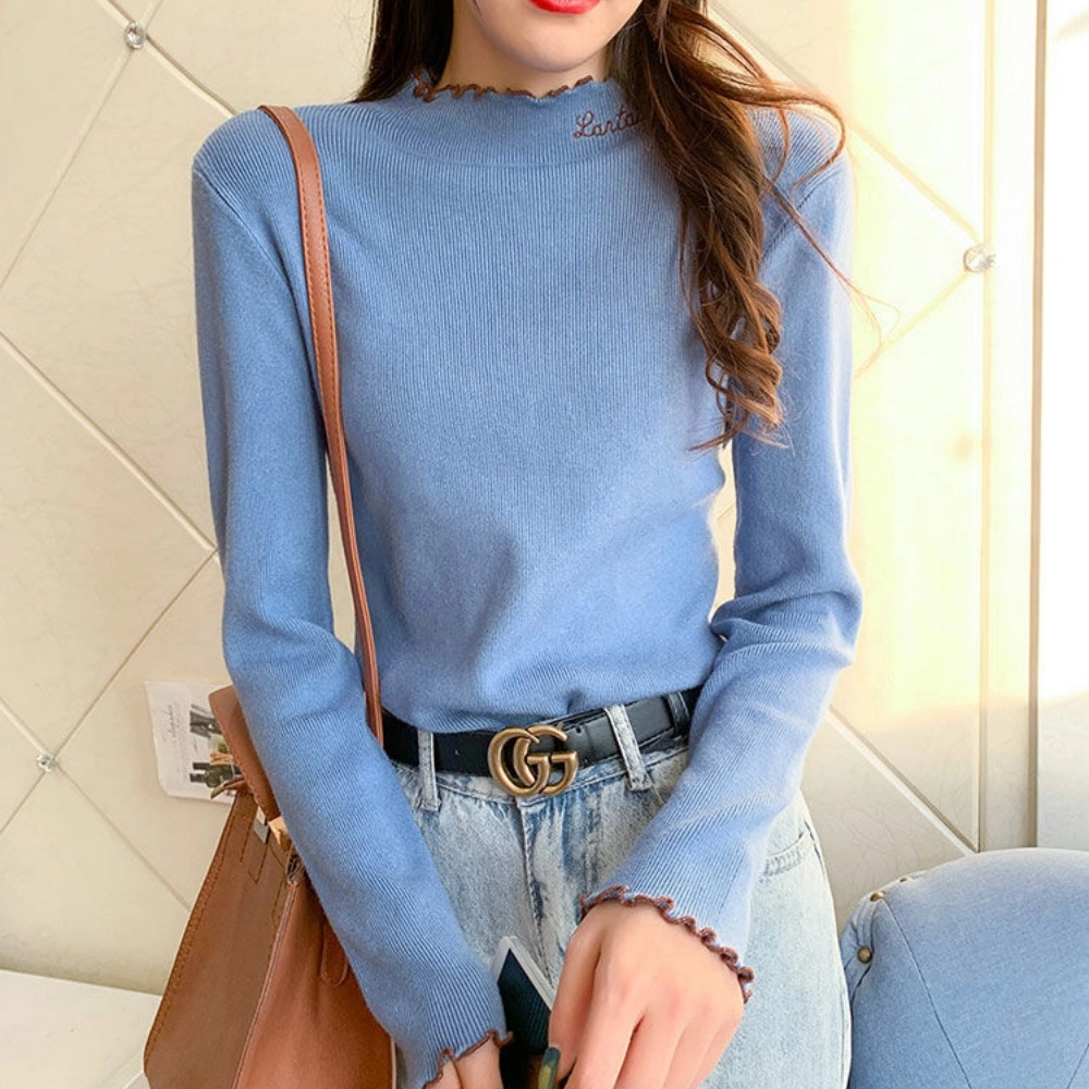 俞兆林 甜美小清新木耳边修身显瘦百搭可爱少女内搭打底衫简约舒适针织衫 女款