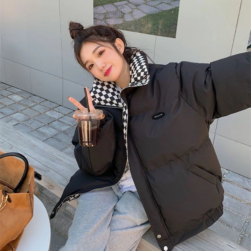 俞兆林 韩版宽松立领短款面包服外套潮流时尚棋盘格内衬棉服 女款