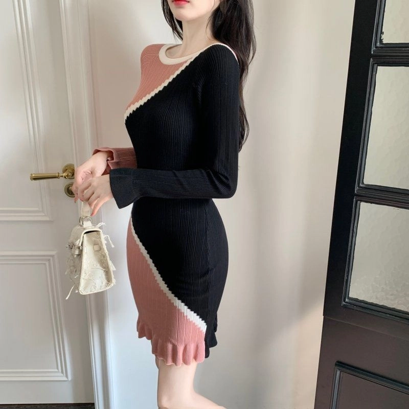 俞兆林 撞色针织法式复古纯欲圆领气质包臀裙长袖连衣裙 女款
