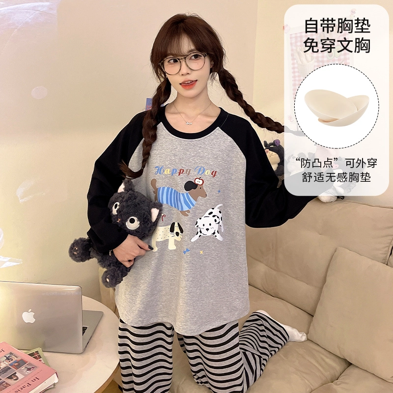 蒄趣 宽松一体带胸垫可外穿家居服长袖长裤舒适薄款睡衣套装 女款