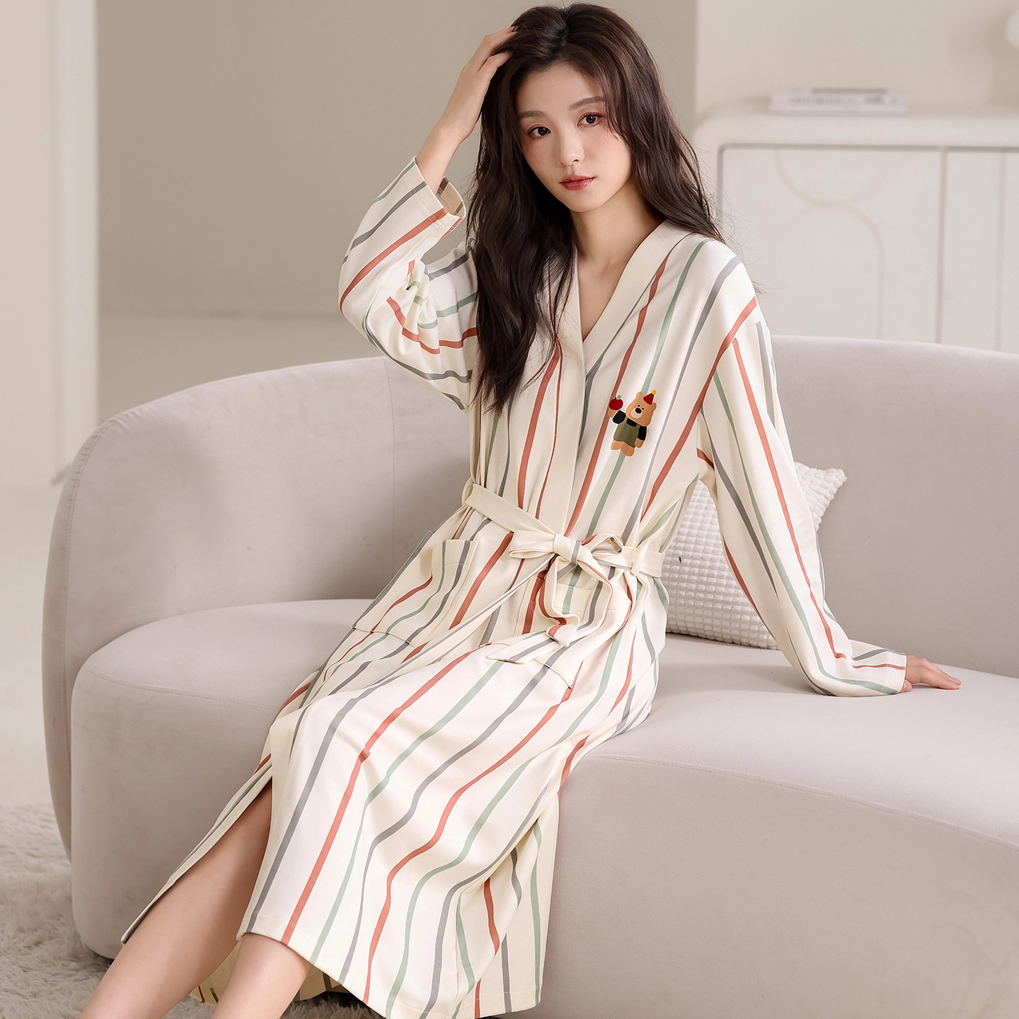 蒄趣 纯棉长袖微弹长款家居服舒适条纹卡通春秋款睡袍 女款