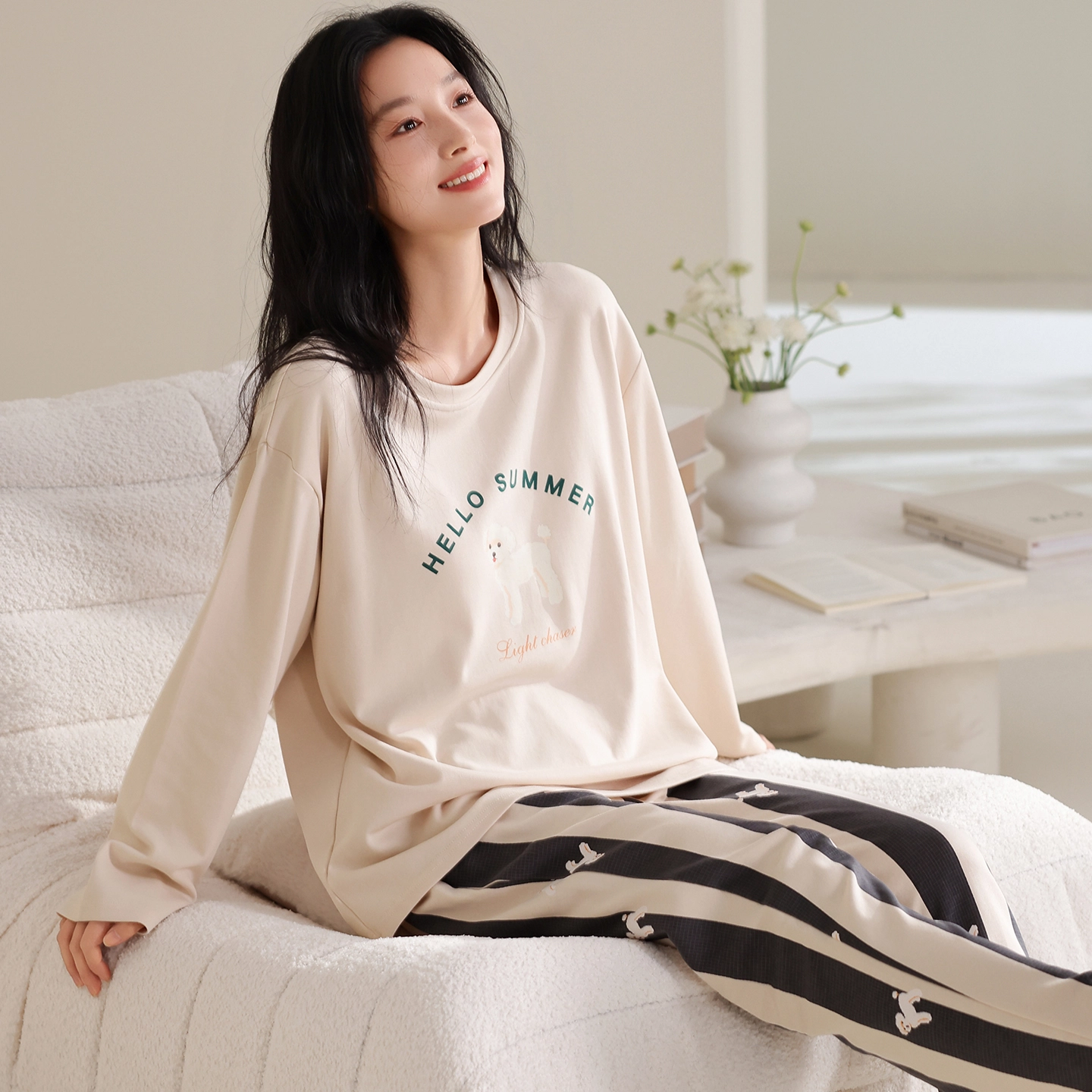 蒄趣 休闲风舒适纯棉外穿家居服透气宽松薄款睡衣套装 女款