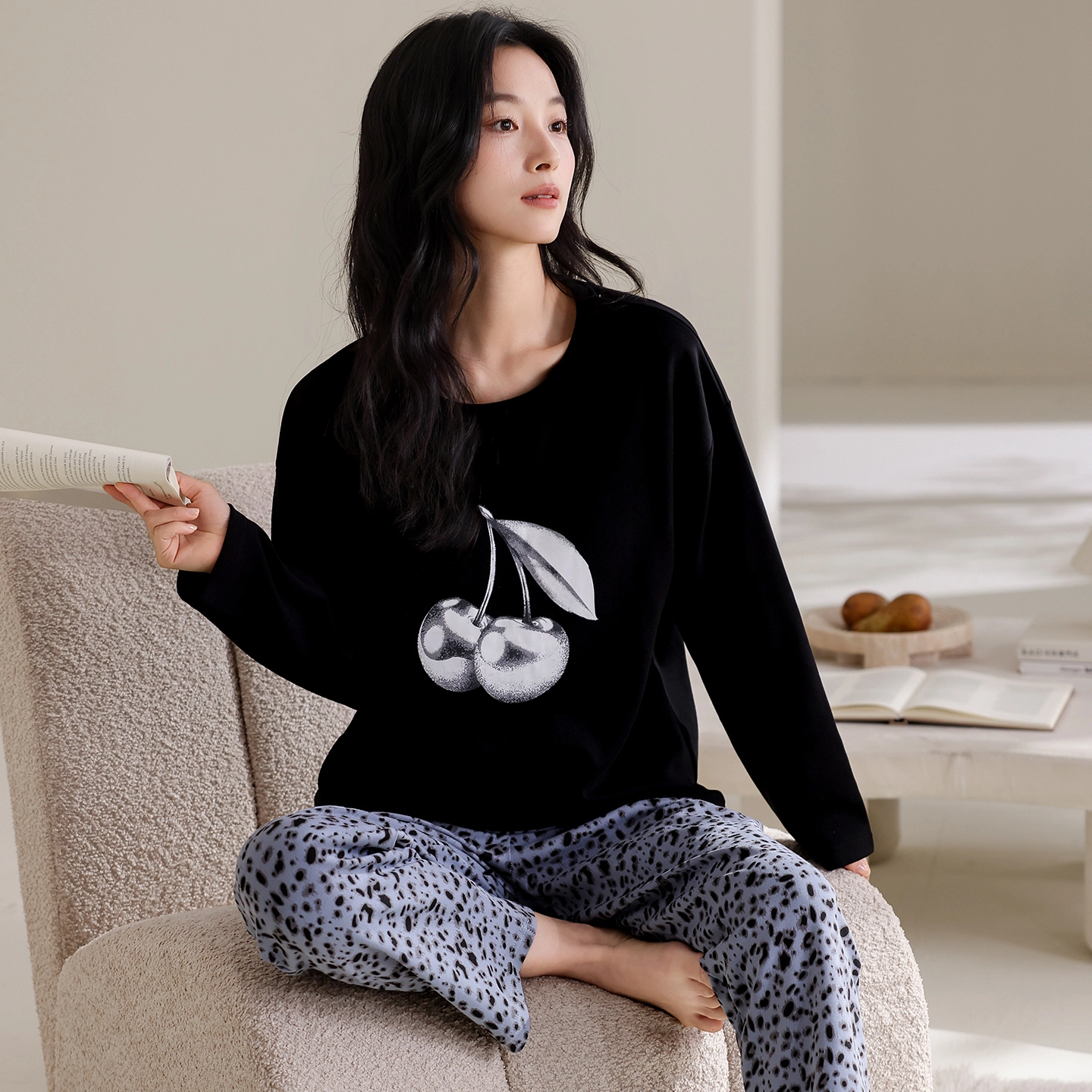 蒄趣 舒适宽松甜美樱桃印花可外穿长袖长裤纯棉透气薄款睡衣套装 女款