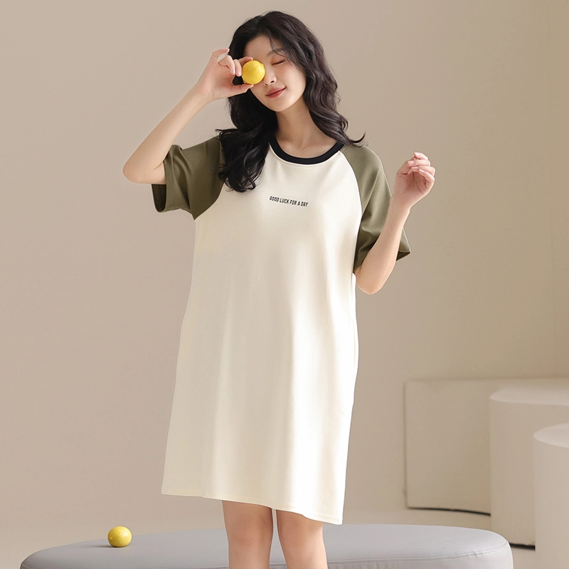 蒄趣 纯棉短袖宽松睡衣中长裙子自带胸垫薄款可外穿睡裙 女款
