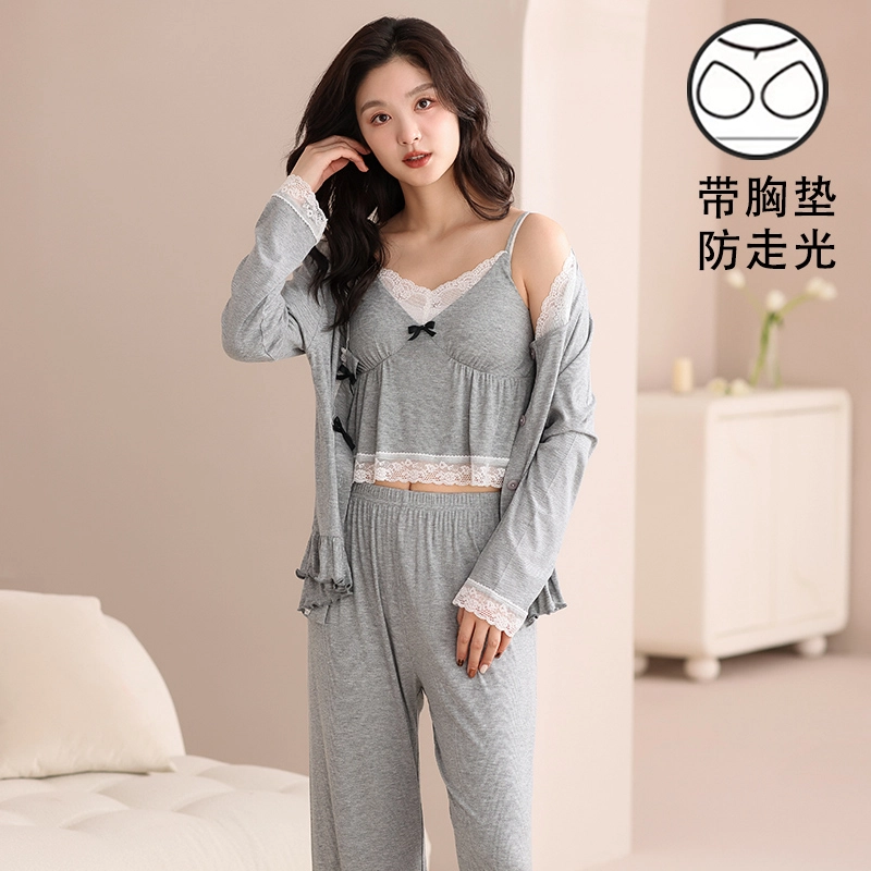 蒄趣 优雅甜美蕾丝吊带长袖开衫长裤自带胸垫宽松三件套睡衣套装 女款